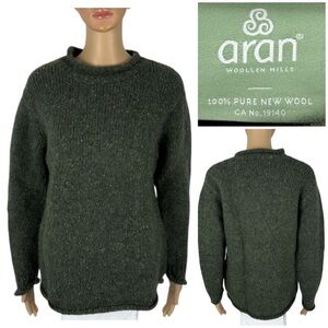 Aran Woollen Mills Womens Large Sweater 100% Pure New Wool Roll Neck Green Knit